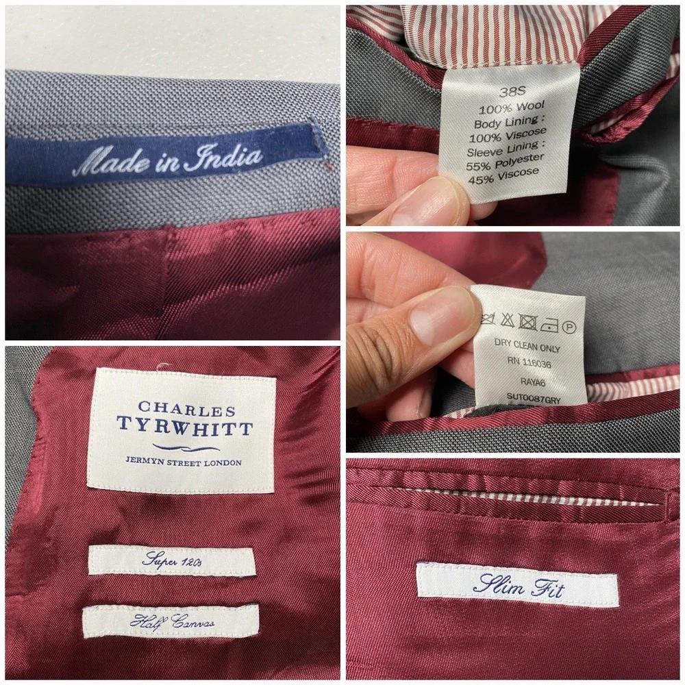 Charles Tyrwhitt Suit 2 Piece 38S (34x27.5) 2B2V Slim Fit Flat Front Solid Gray